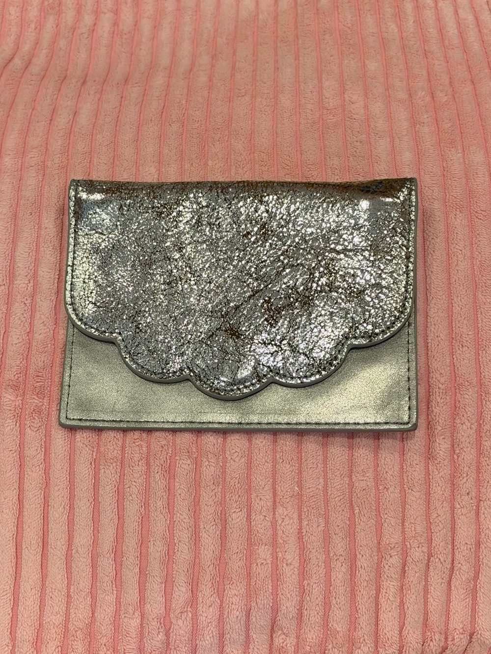 Anthropologie Metallic Silver Scalloped Wallet Clutch Card Case